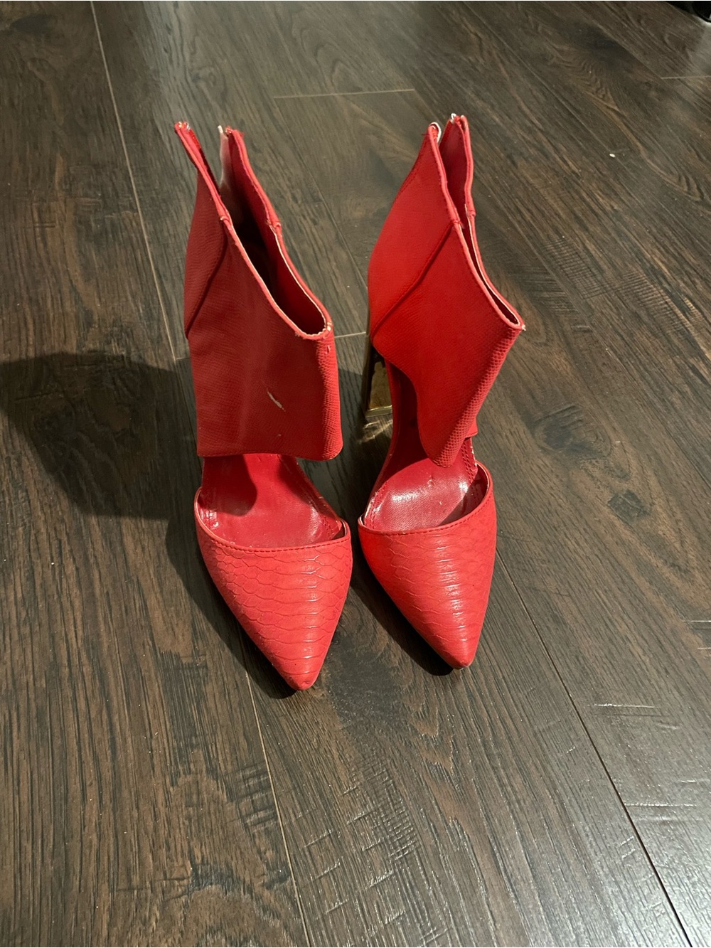 REDKISS “Bad Girl” Bootie Red w Gold Block Heel Accent